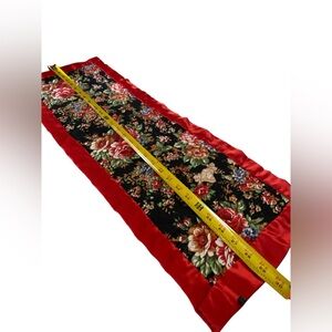 Small vintage handmade 29.5” Floral Table Runner with Red satin Border vanity